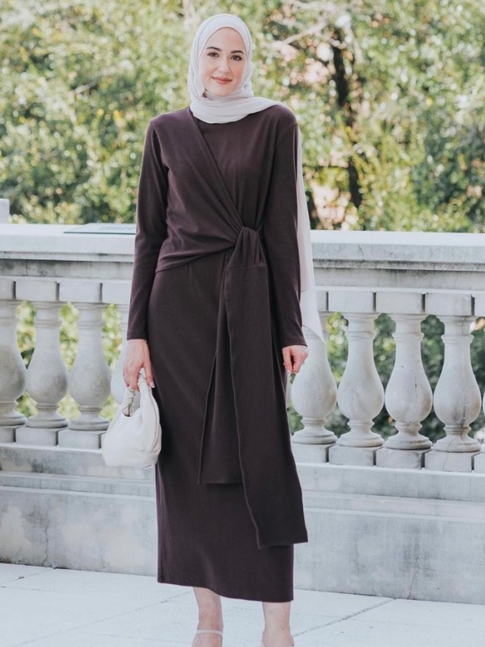 Modest Long Sleeve Knot Front Maxi Dress - Dark Brown